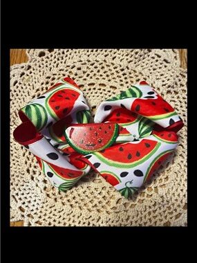 Watermelon Print Kids Hair Bow Clip - Red & Green Fruit Pattern